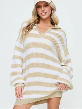NWOT Princess Polly Williamson Striped Knit Sweater Dress - Beige/White size M/L